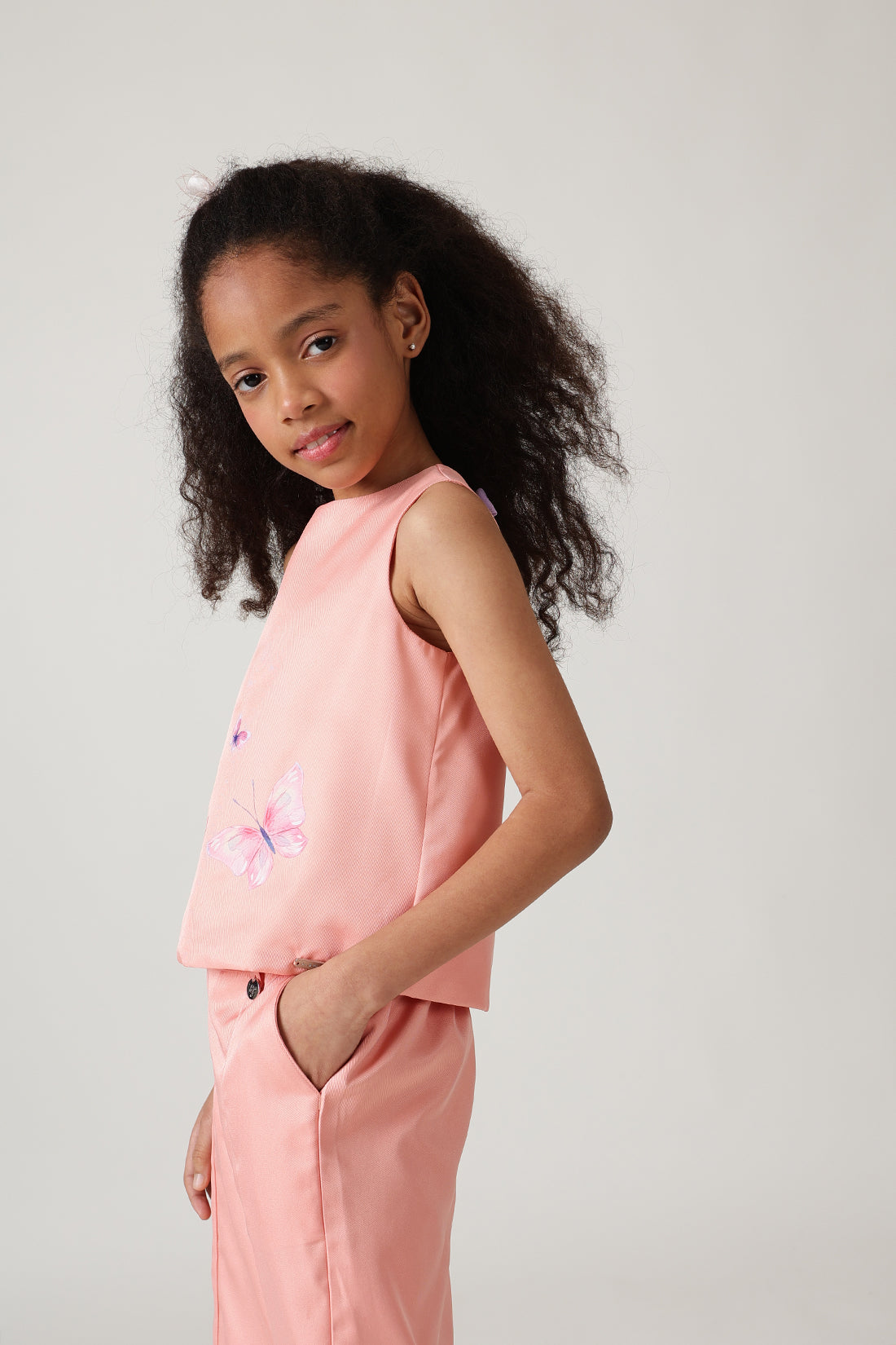 Girls Peach A-Line Sleeveless Printed Top by One Friday