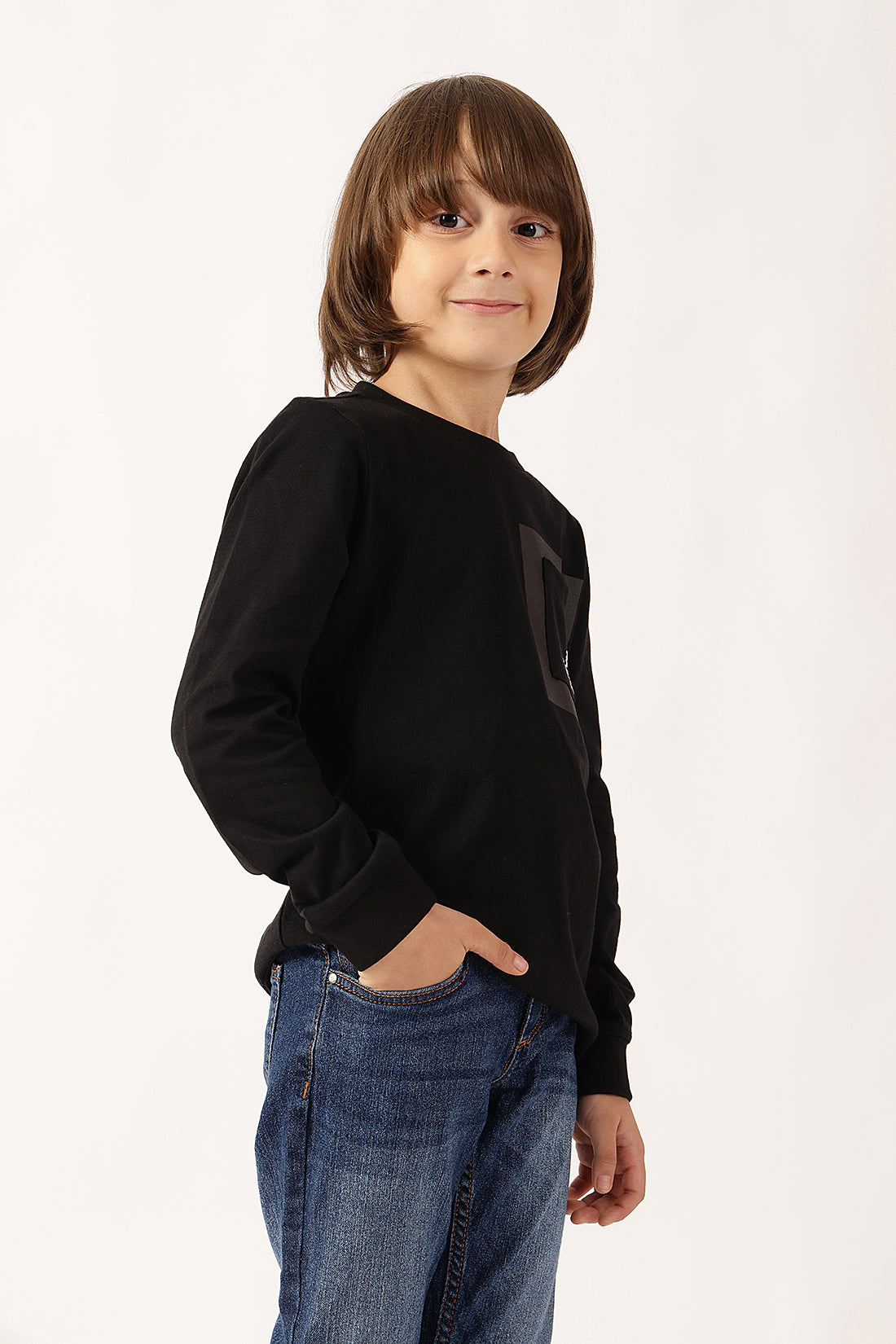 Boys Black Solid Round Neck Cotton T-Shirt