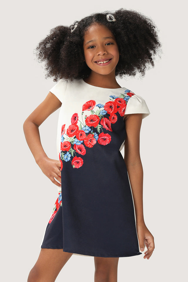 One Friday Kids Girls Navy blue & White A-line Floral Printed Dress