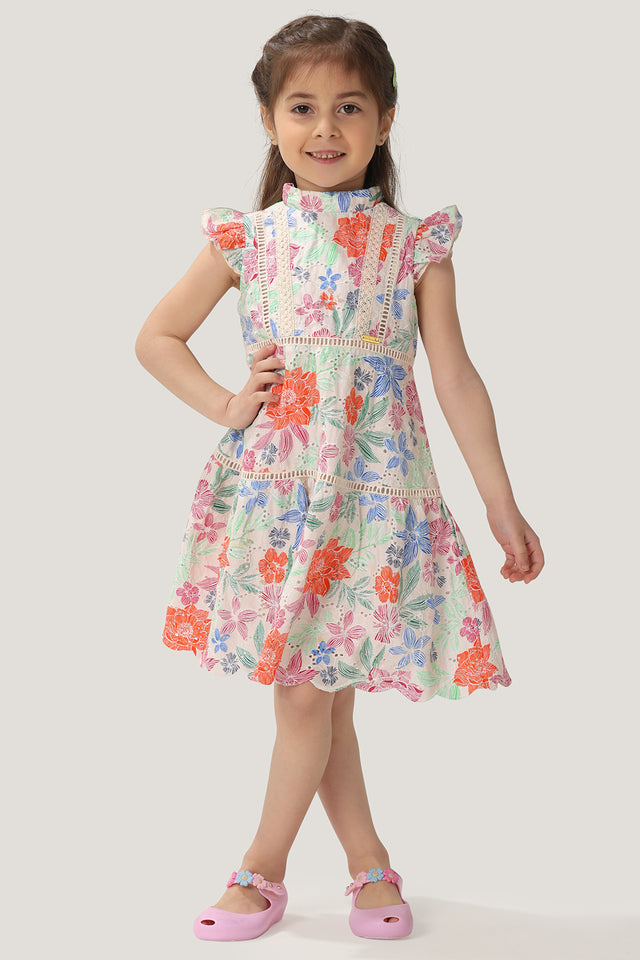 One Friday Kids Girls Multi Floral Printed Round Neck Schiffli Dress