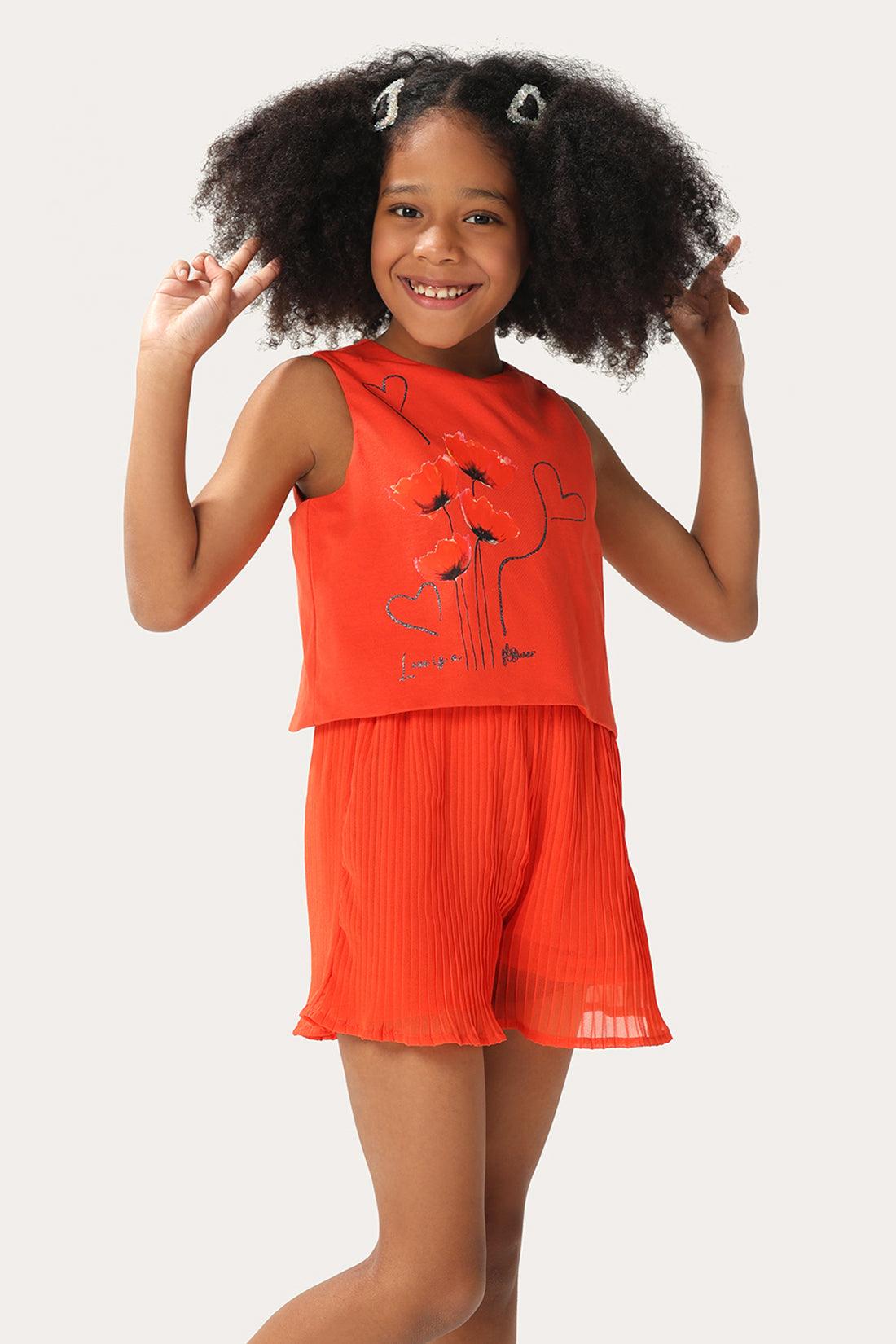 One Friday Kids Girls Red Cotton Blend Pleated Short Jumpsuit
