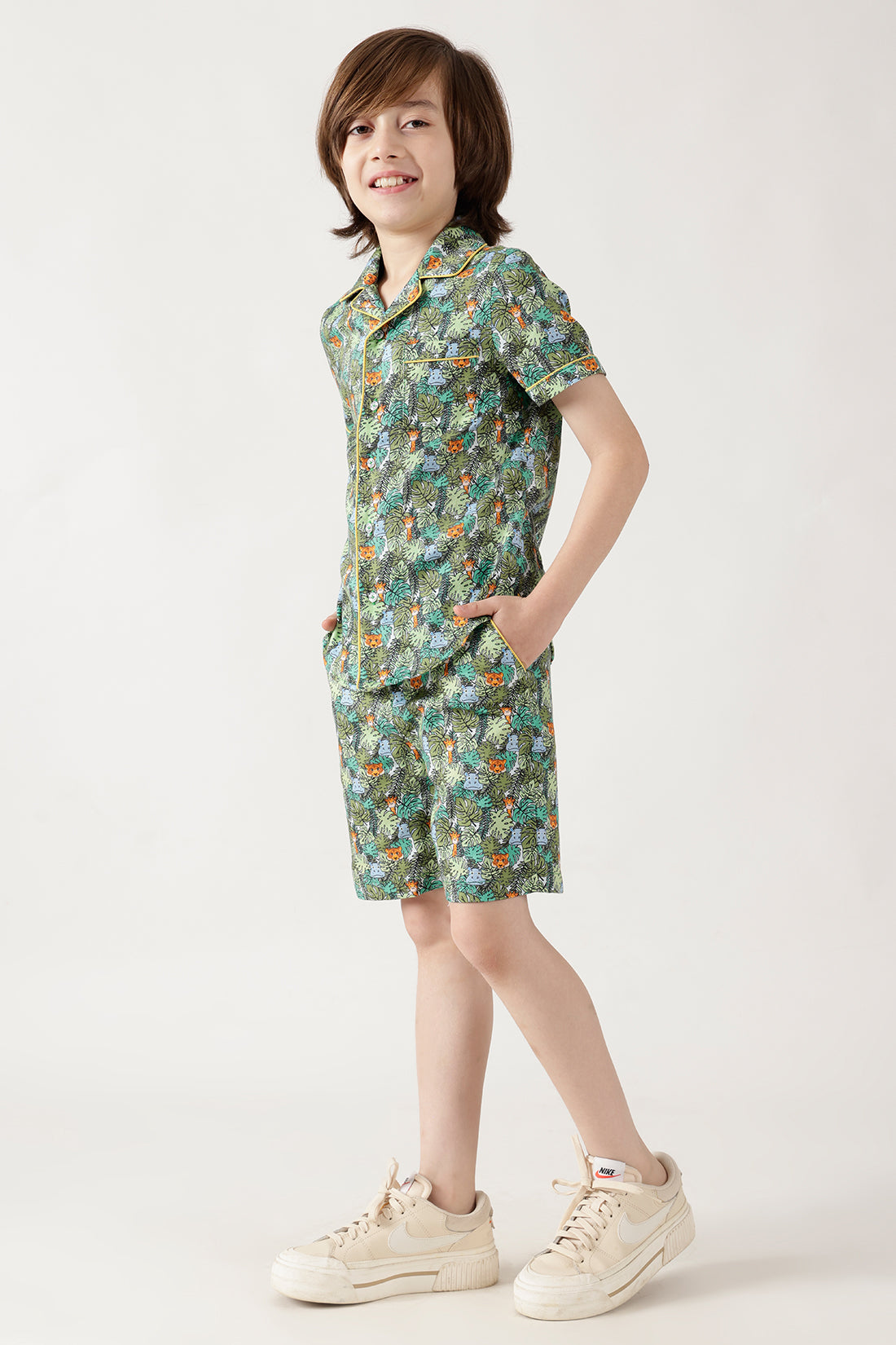 Boys Green Half Sleeve Printed Co-ord Set by One Friday