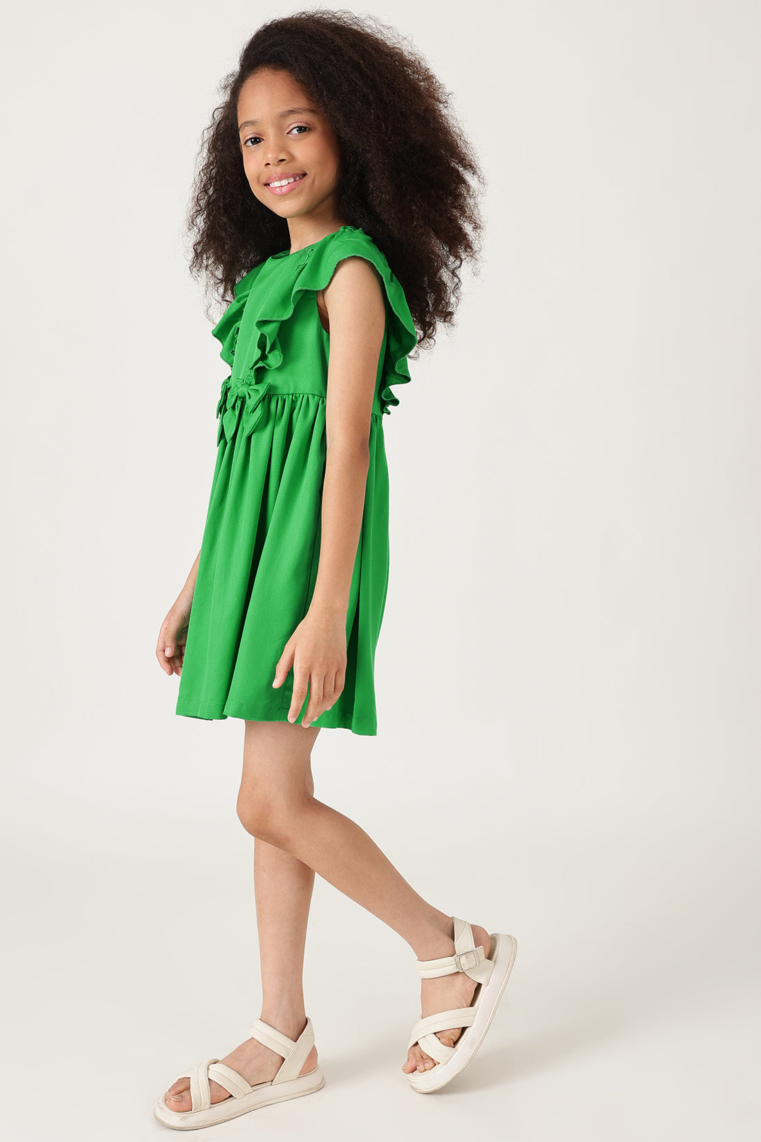 Girls Green Drop Waist Solid Dress with Frill Sleeves By One Friday