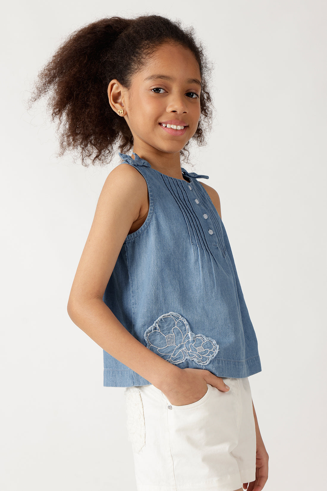 One Friday Girls' Light Blue Pintuck Top – Soft Cotton Regular Fit