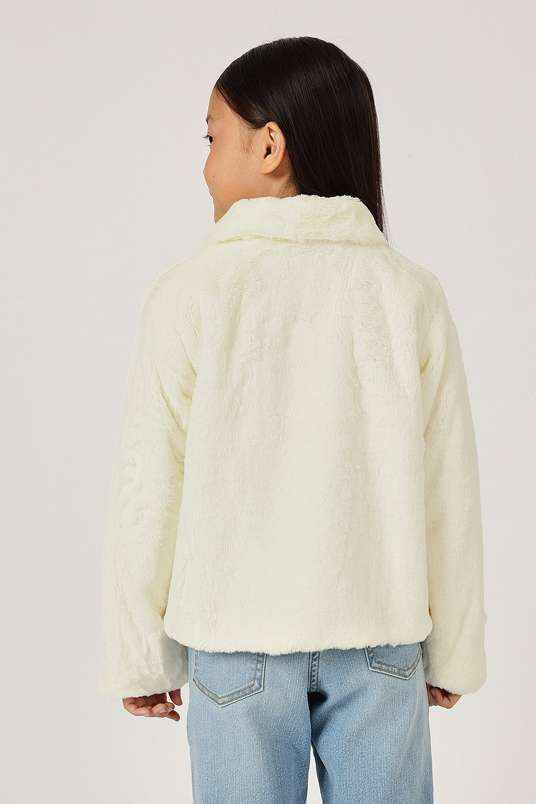 Girls Off White Fur Buttoned Shirt Collar Overcoat | One Friday