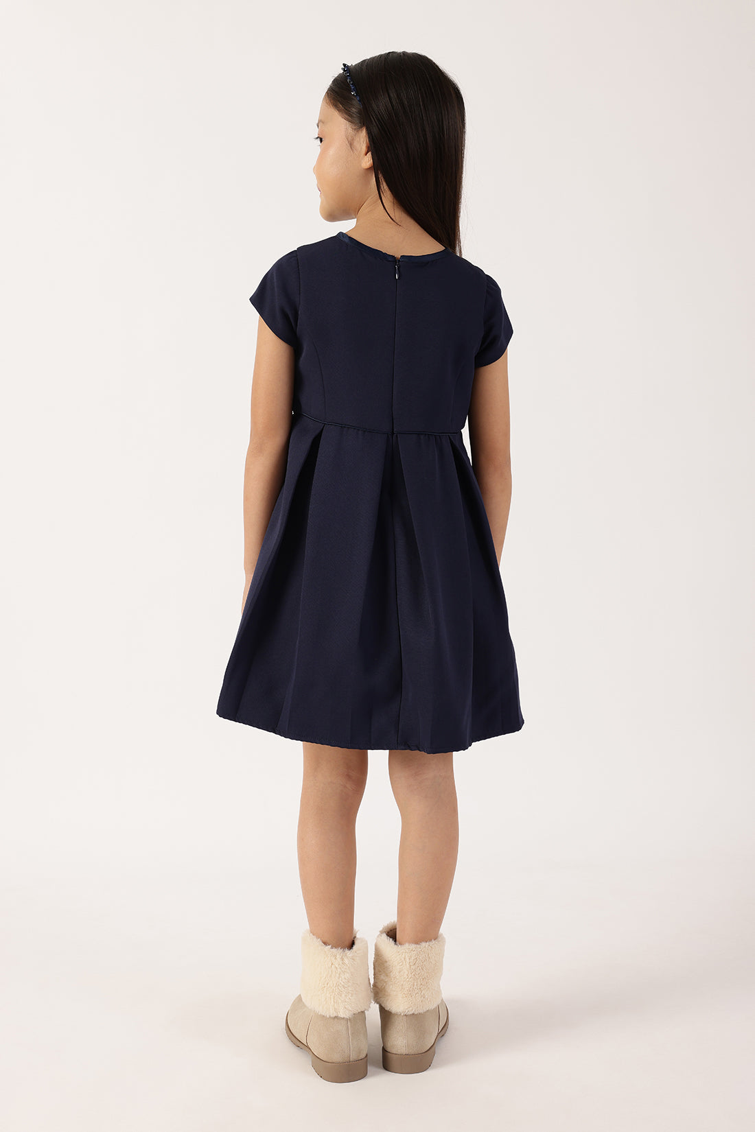 Girls Navy Blue Polyester Full Sleeve Woven Dress | One Friday