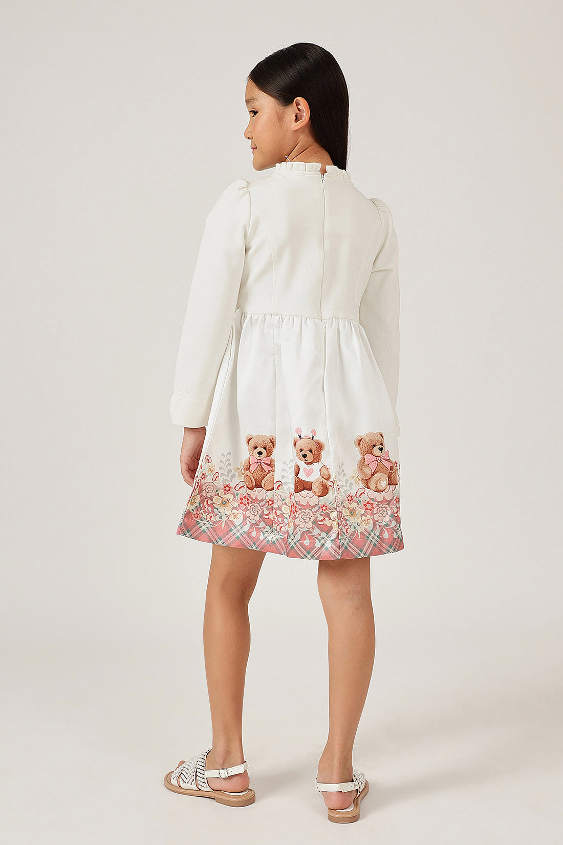 Girls Off White Teddy Round Neck Full Sleeve Dress | One Friday