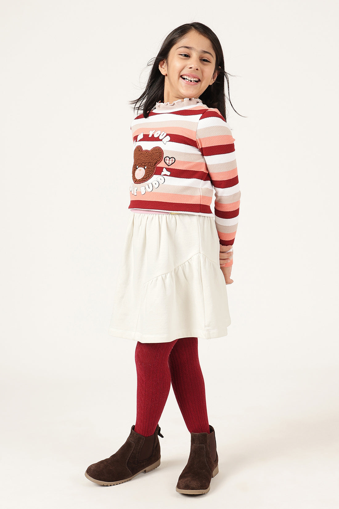 Girls Off White Cotton Fleece Woven Skirt