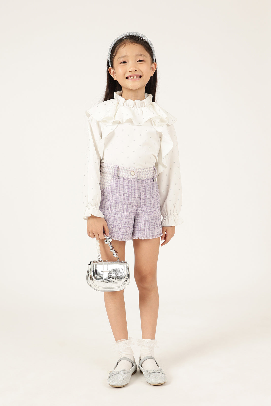 Girls Lilac Boucle Woven Shorts with Metallic Finish