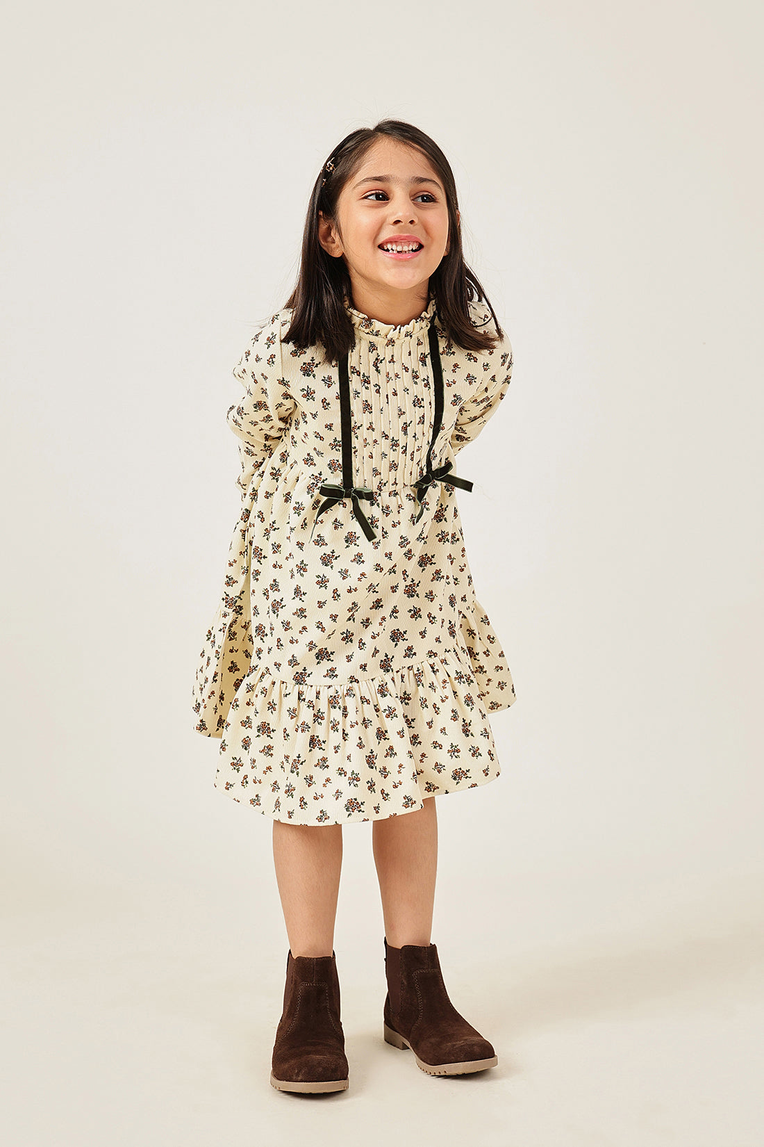 Girls Floral Print High Neck Full Sleeve Dress Multicolour | One Friday