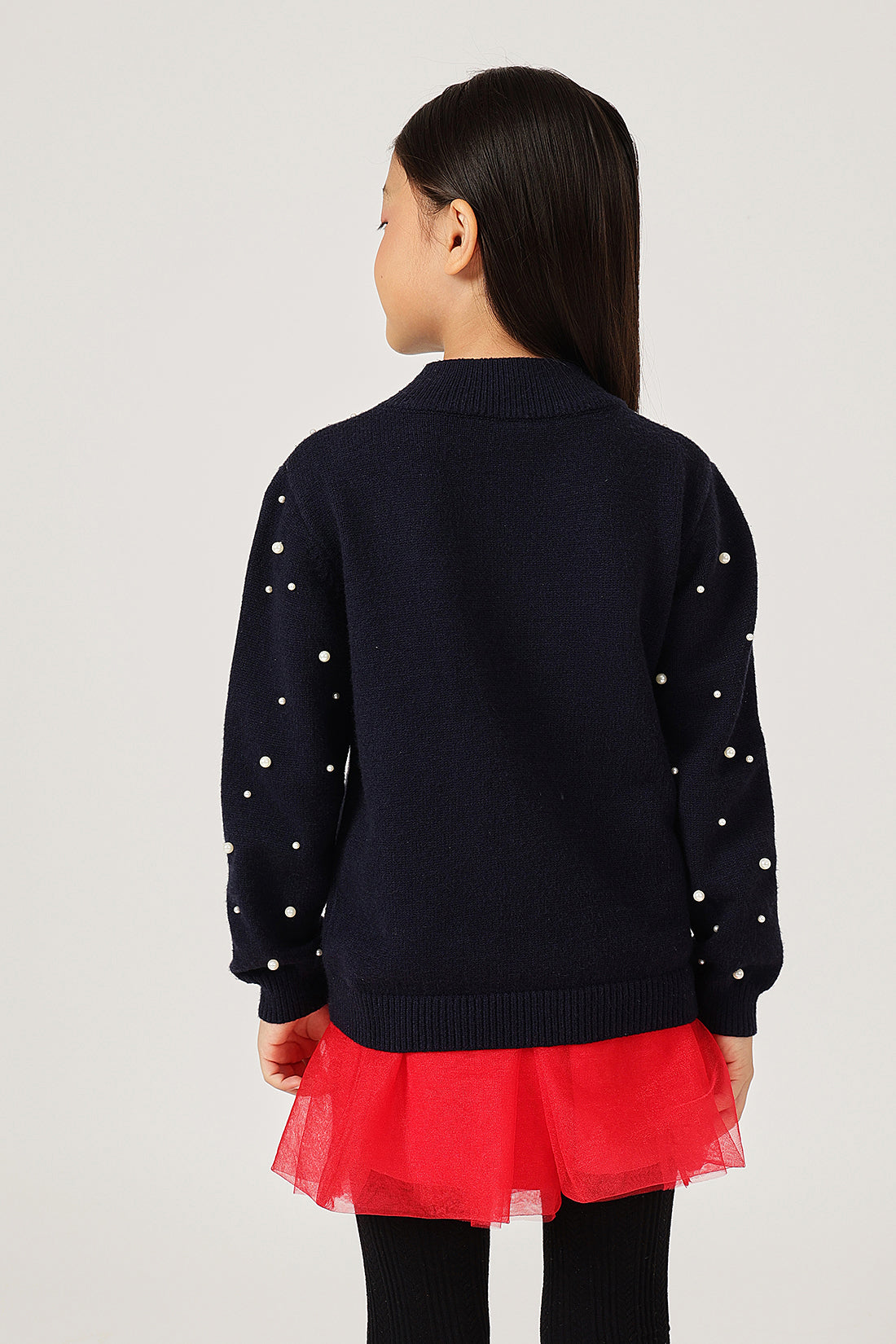 Girls Navy Blue Bow Embroidered Sweater