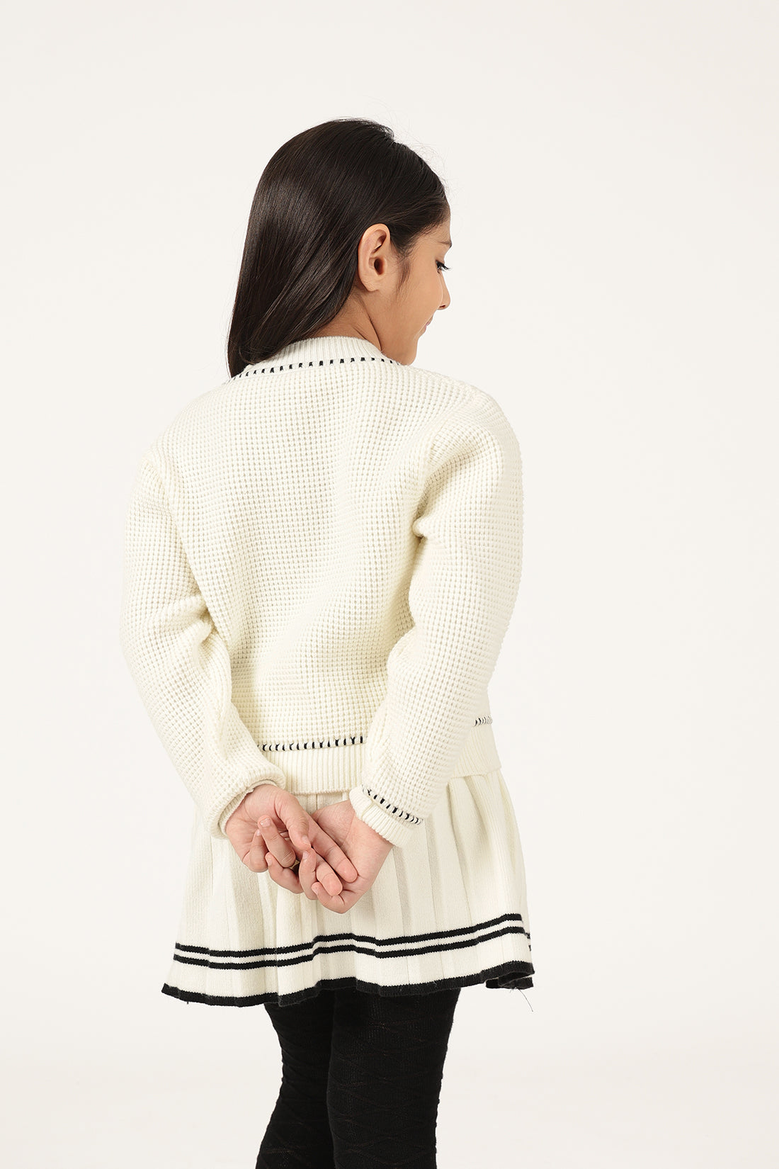 Girls Off White Round Neck Knit Cardigan