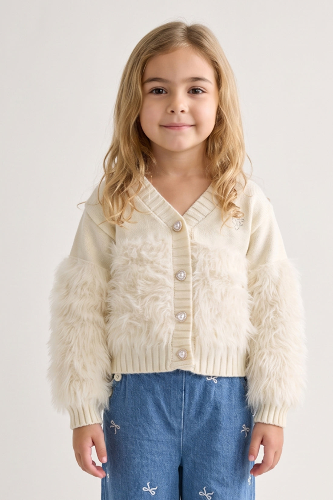 Girls Off White Acrylic V-Neck Button Cardigan