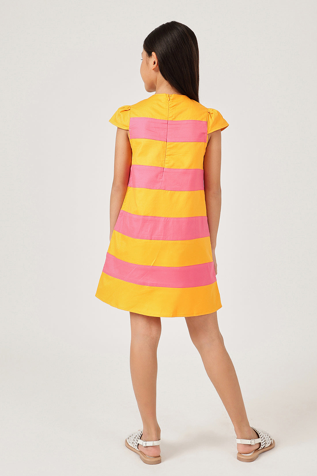 Girls Orange Striped Cotton Round Neck Cap Sleeve Dress | One Friday