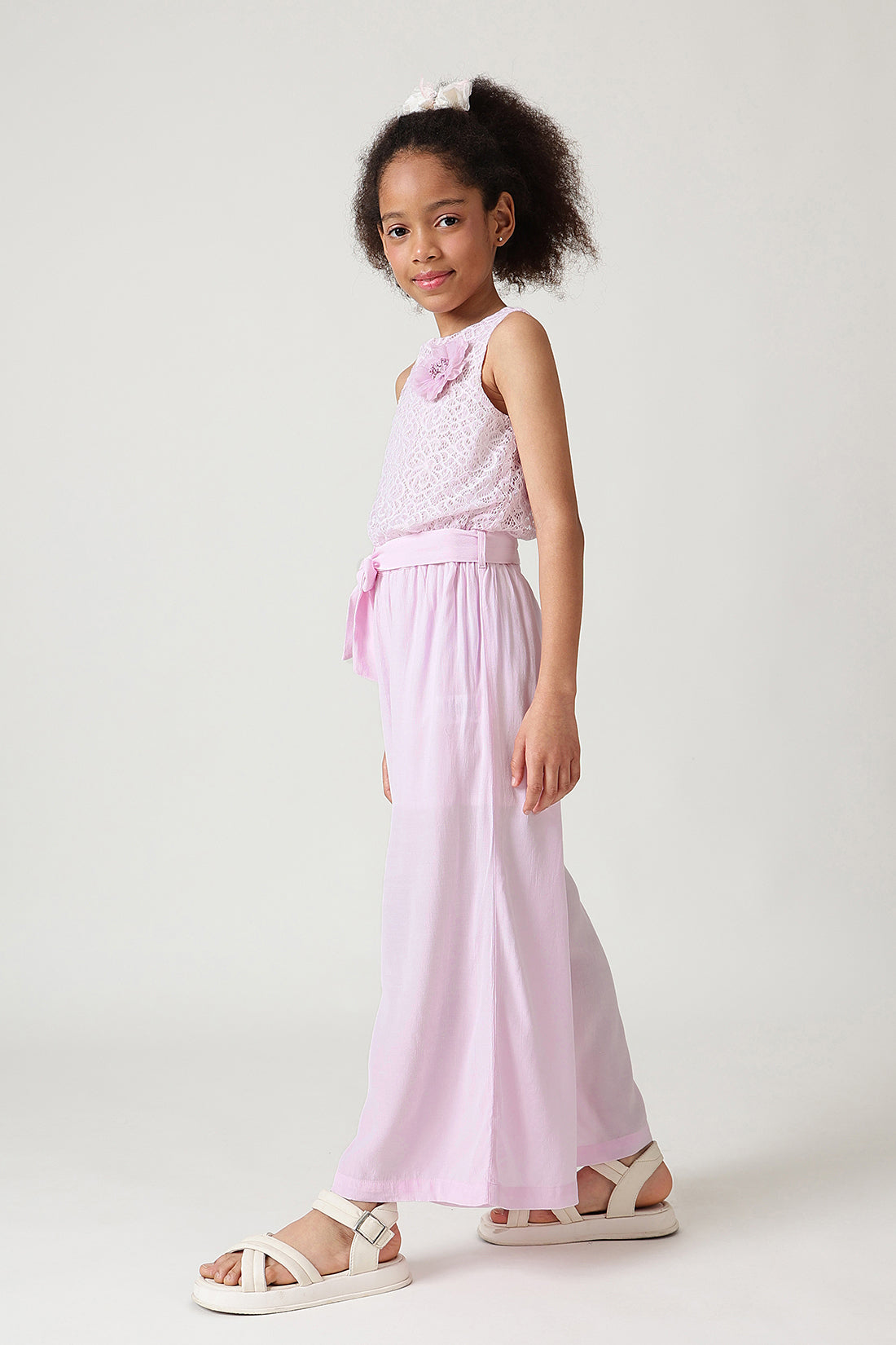 Girls Lavender Regular Sleeveless Laced Jumpsuit by One Friday