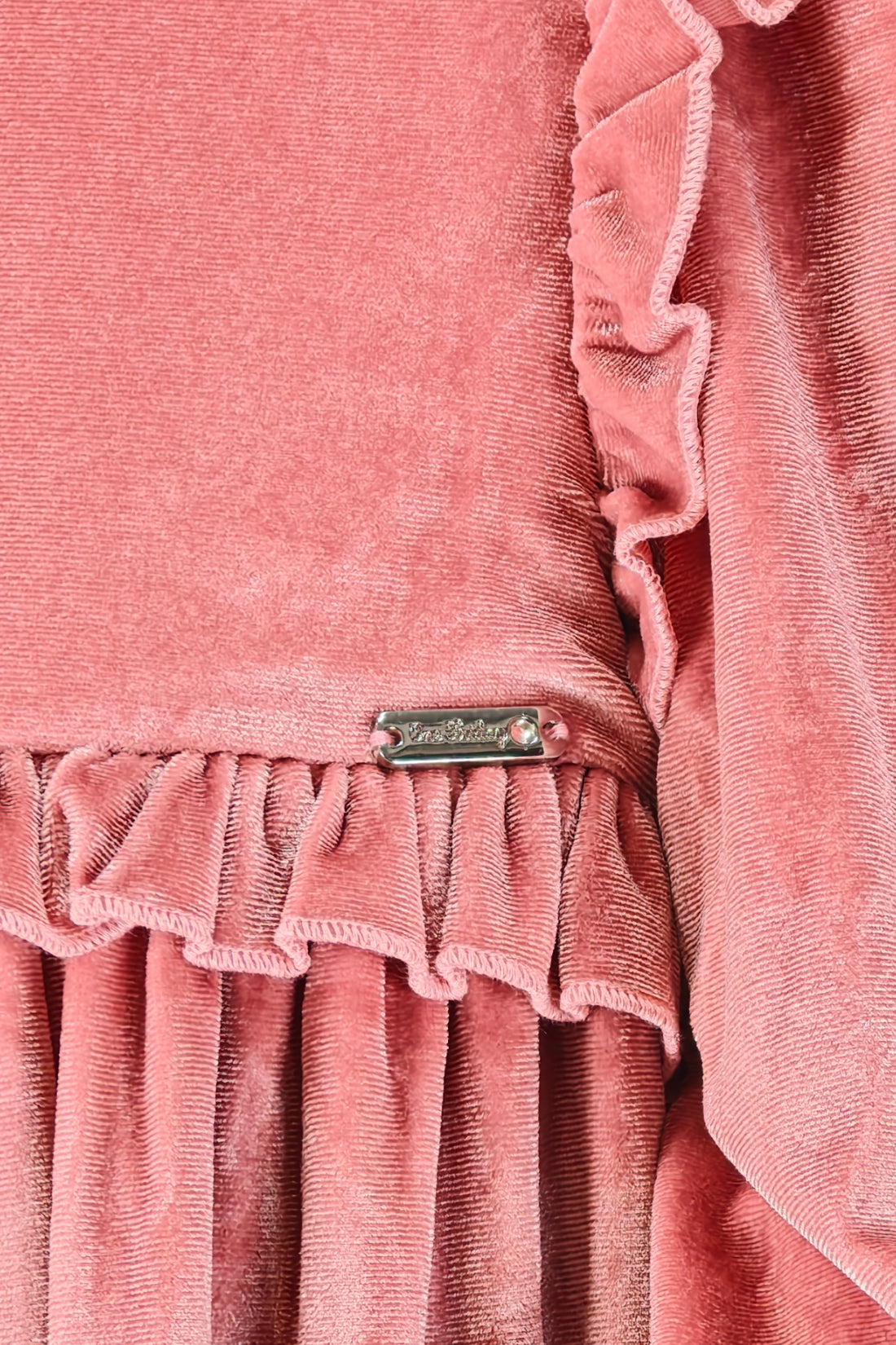 Girls Peach Solid Velour Ruffle Collar Dress