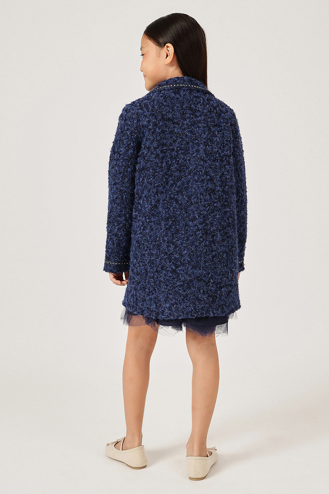 Girls Navy Blue Solid Shirt Collar Overcoat