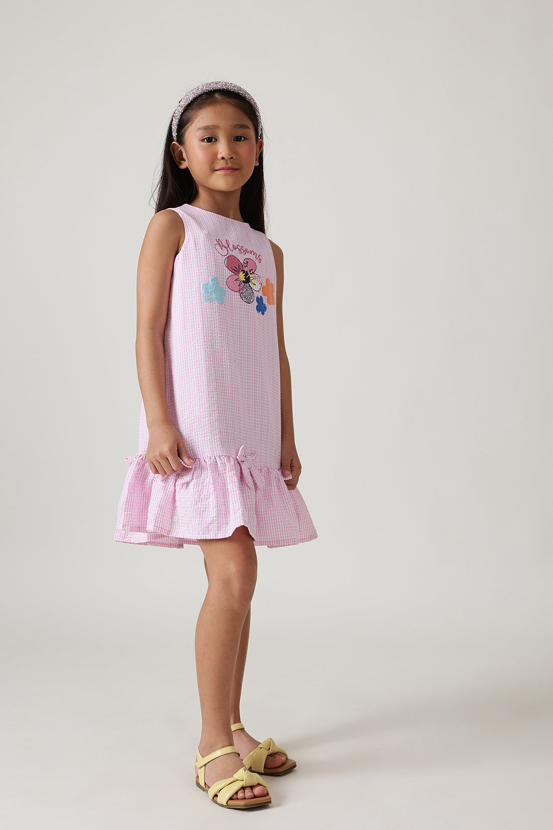 Girls Pink A-Line Sleeveless Textured Dress by One Friday