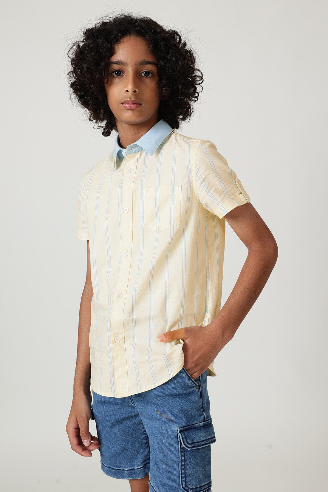 Boys Yellow Striped Printed Shirt
