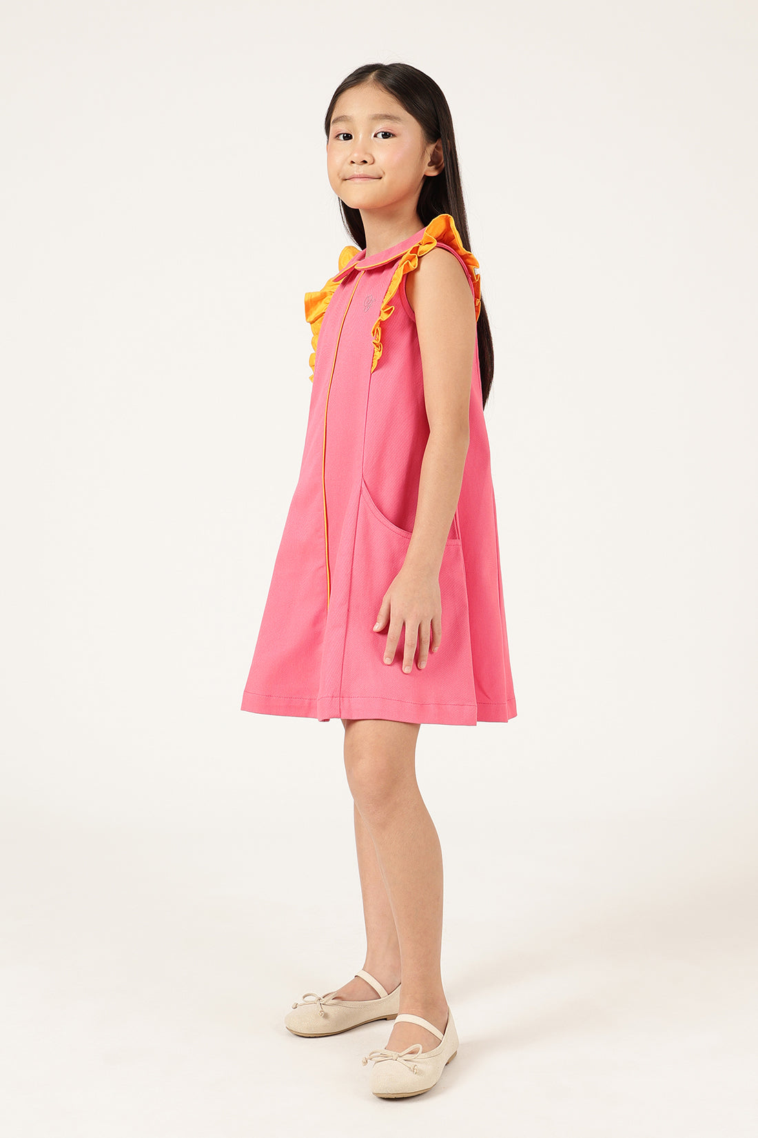 Girls Pink Solid Cotton Sleeveless Peter Pan Collar Dress | One Friday