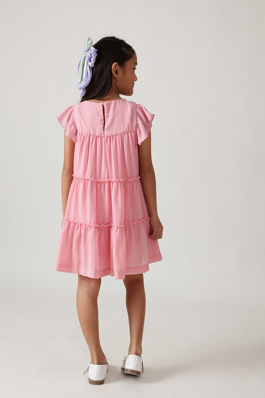 Girls Pink Fitted & Flared Frill Sleeve Solid Dress by One Friday