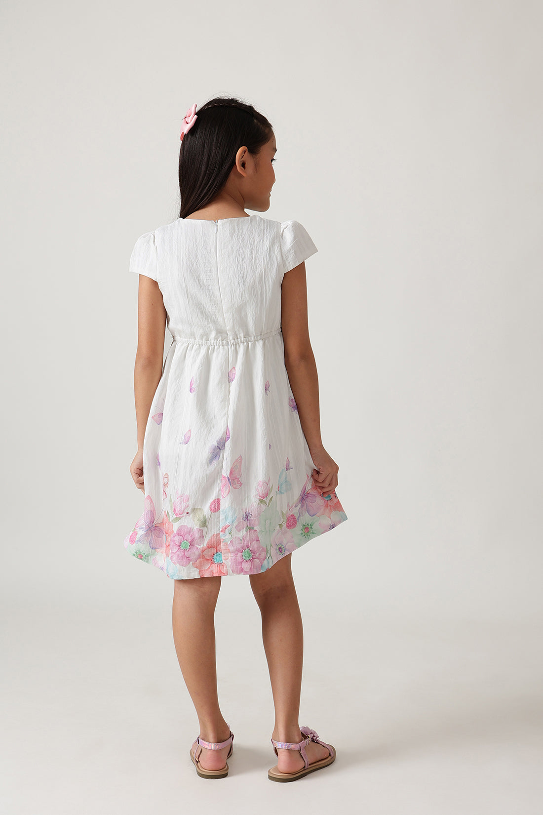 Girls Off White Flared Cap Butterfly Print Dress