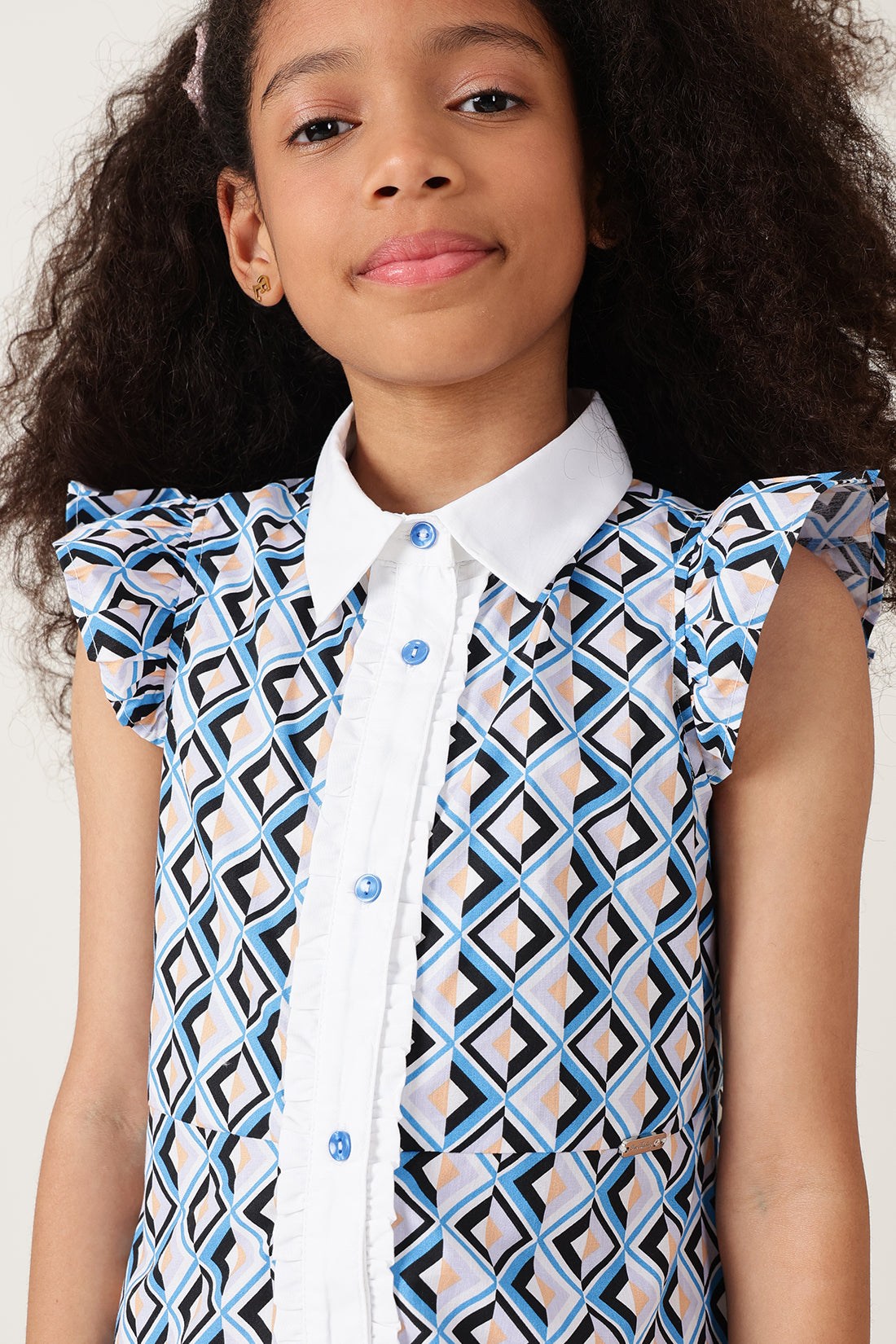 Girls Blue Frill Sleeve Geometrical Print Dress Online | One Friday