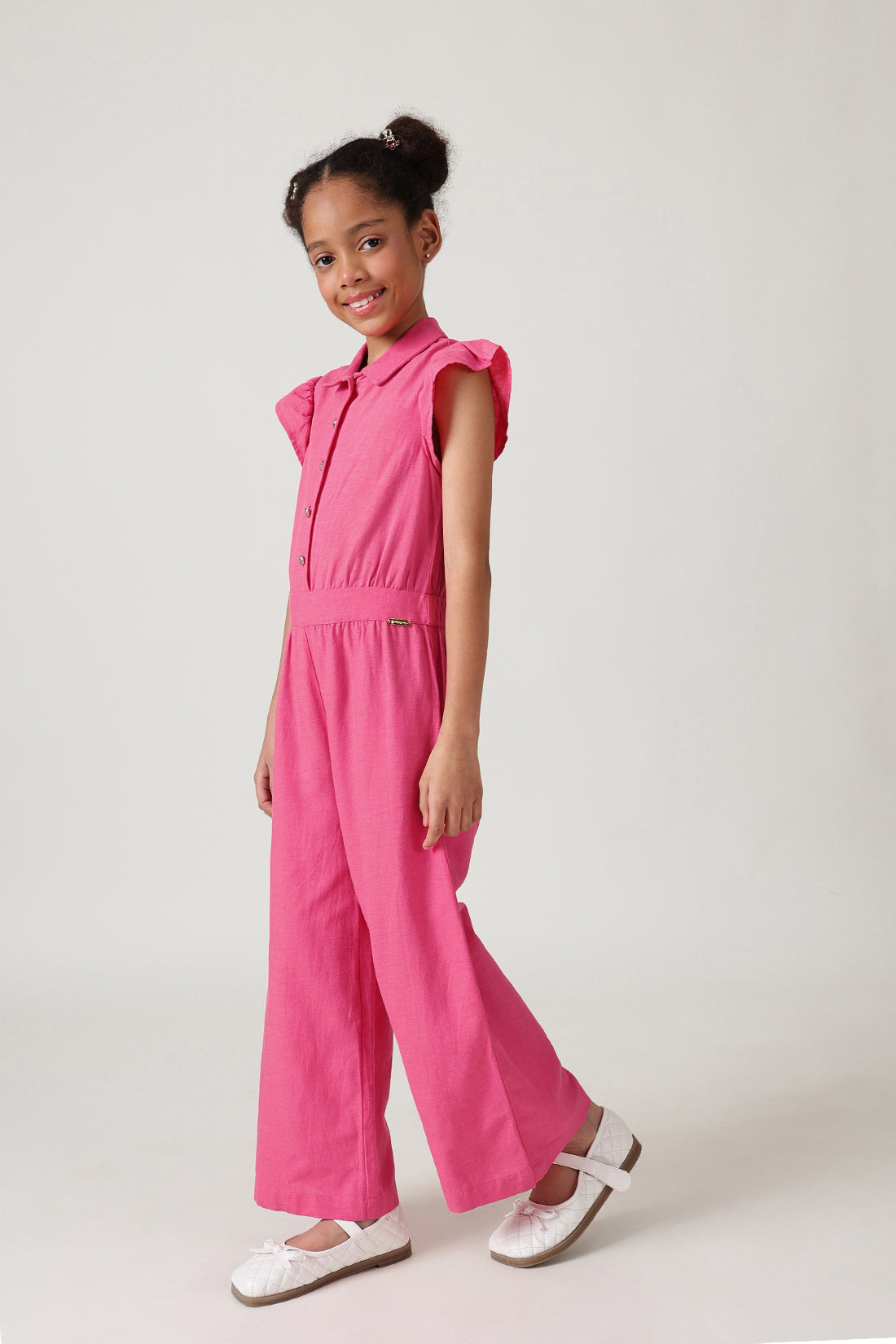 Girls Pink Regular Fit Frill Sleeve Solid Jumpsuit by One Friday