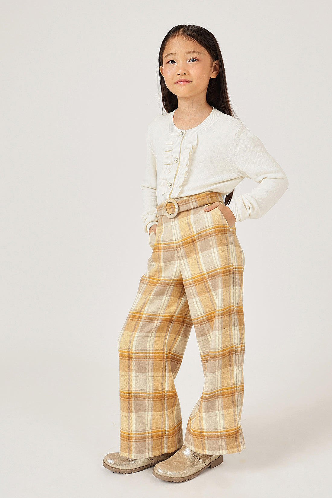 Girls Multicolour Checked Trouser with Button