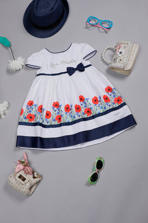 One Friday Infant Girls White Cotton Floral Printed Dress with Contrast Piping