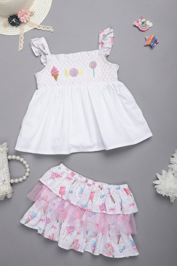 One Friday Baby Girls Off White Cotton Square Shape Top With Skirt