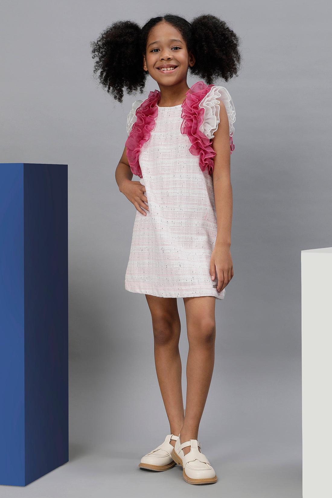 One Friday Kids Girls Pink Frilled Lurex Tweed Dress - One Friday World