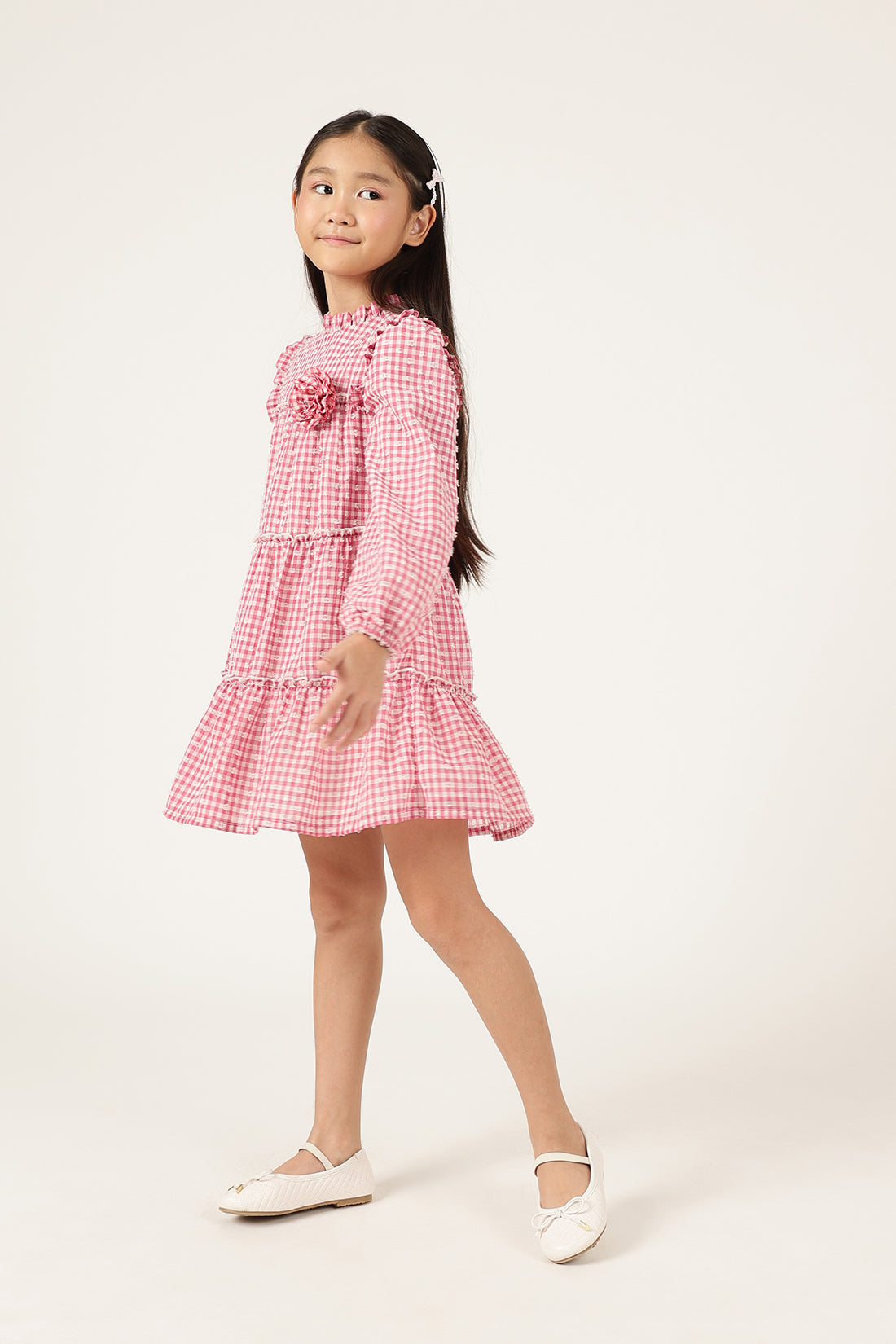 Girls Pink Printed Woven Dress Full Sleeves | One Friday