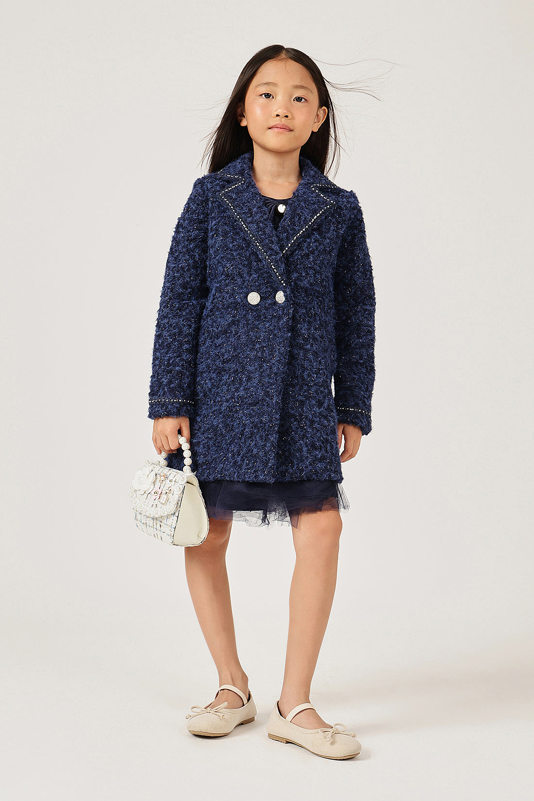 Girls Navy Blue Solid Shirt Collar Overcoat