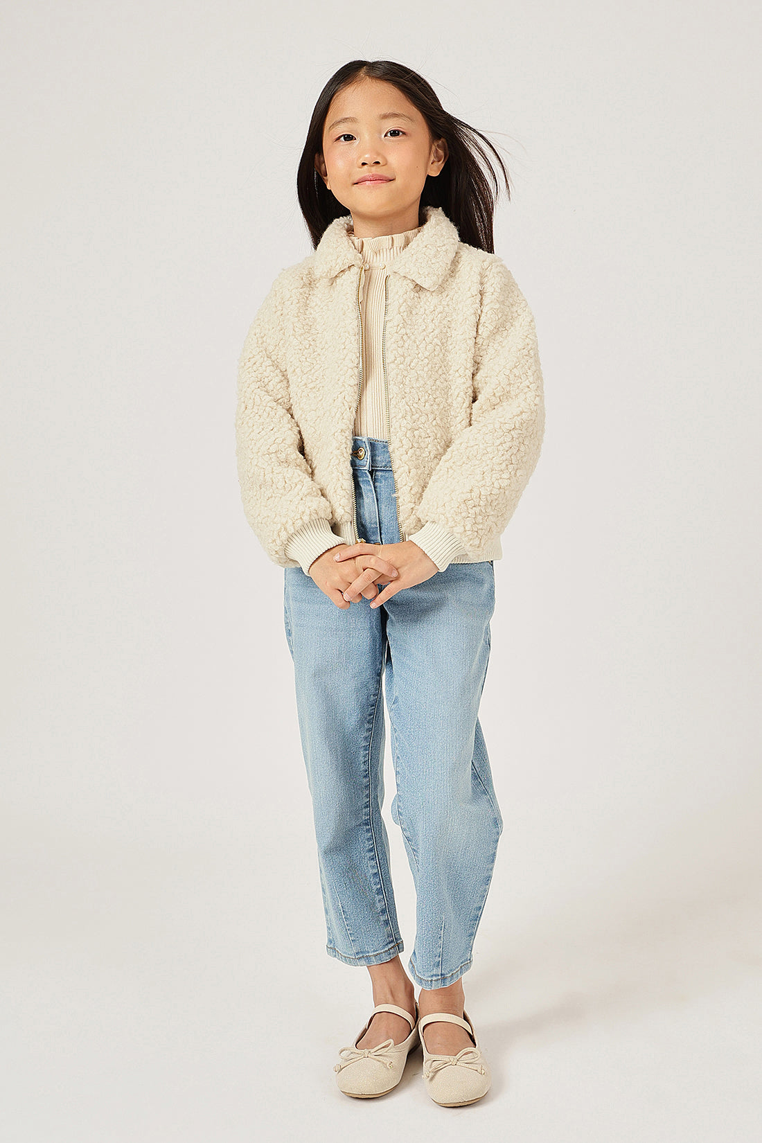 Girls Beige Solid Full Sleeve Shirt Collar Jacket | One Friday