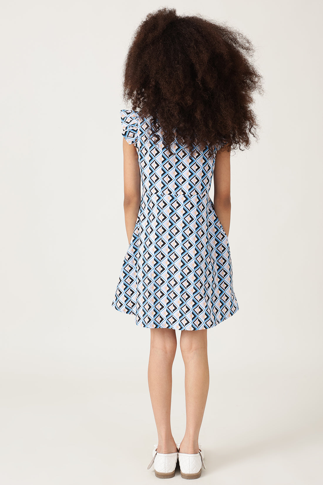 Girls Blue Frill Sleeve Geometrical Print Dress Online | One Friday