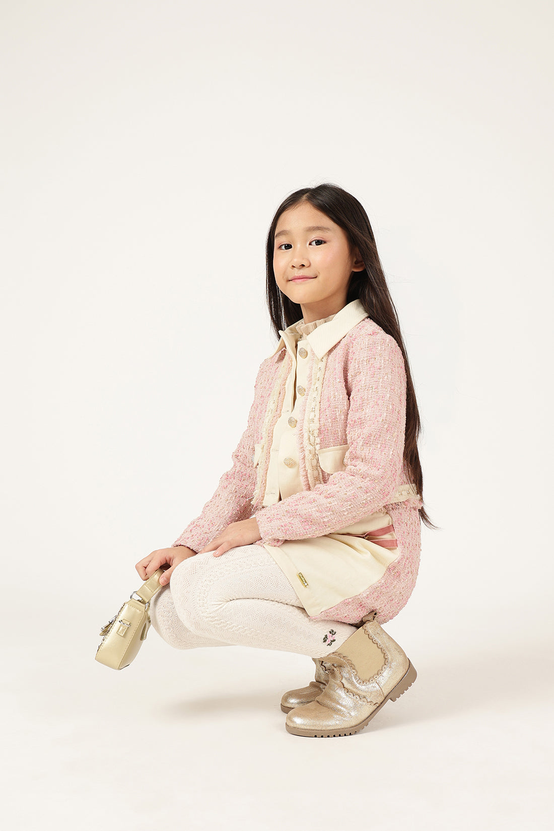 Girls Multicolour Bouclé Shirt Collar Jacket