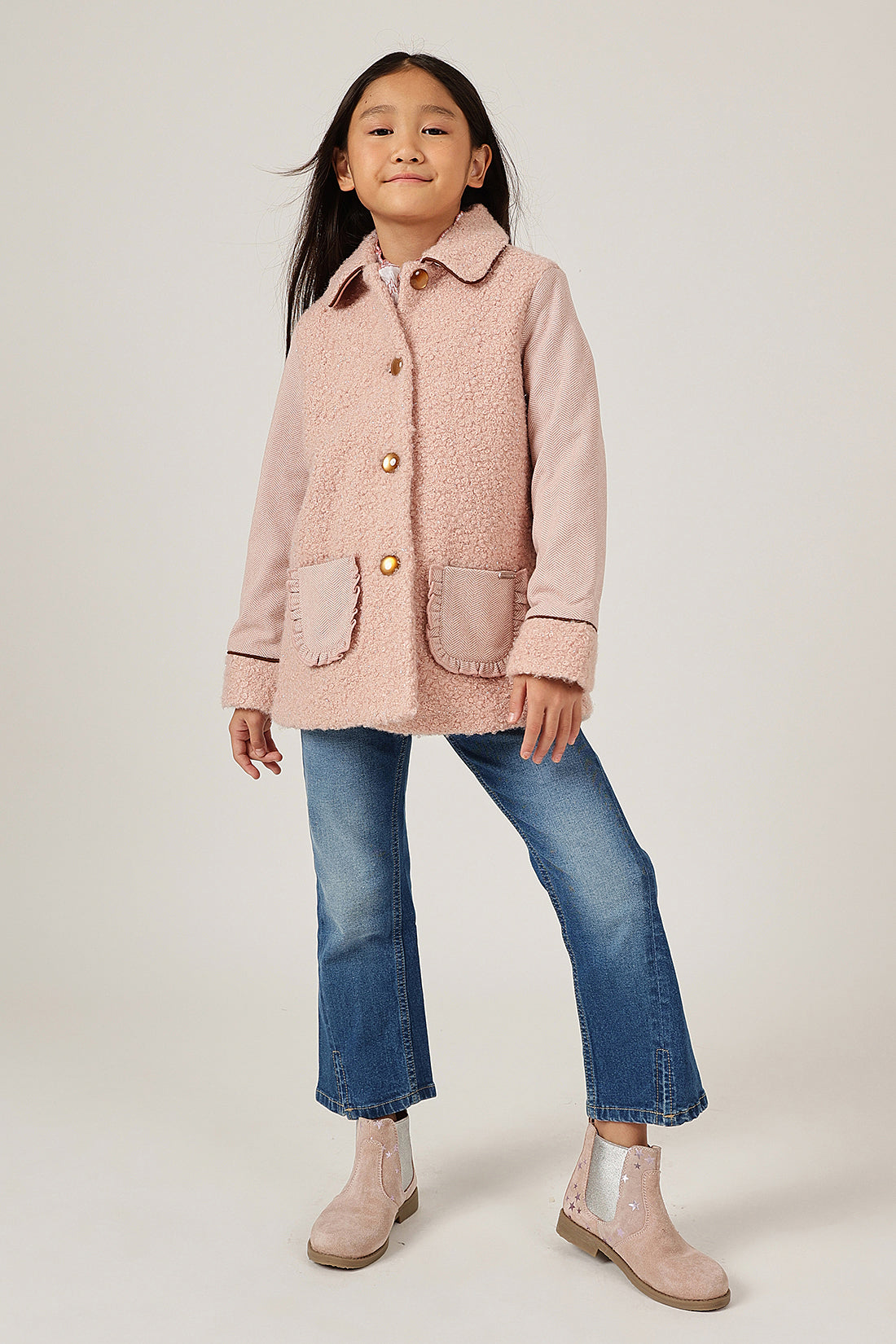 Girls Peach Solid Shirt Collar Overcoat | One Friday