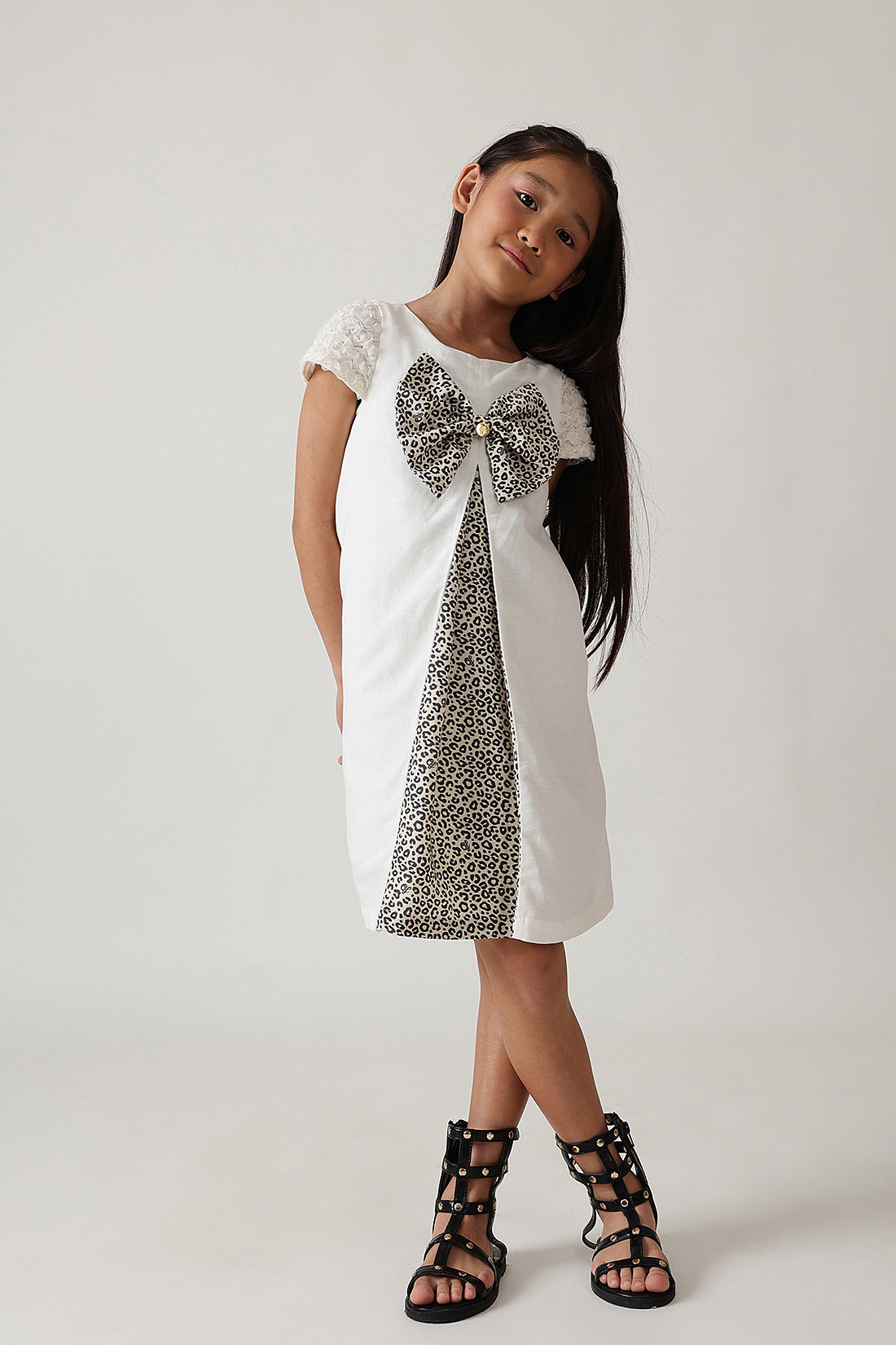 Girls Off-White A-Line Cap Sleeve Solid Dress by One Friday