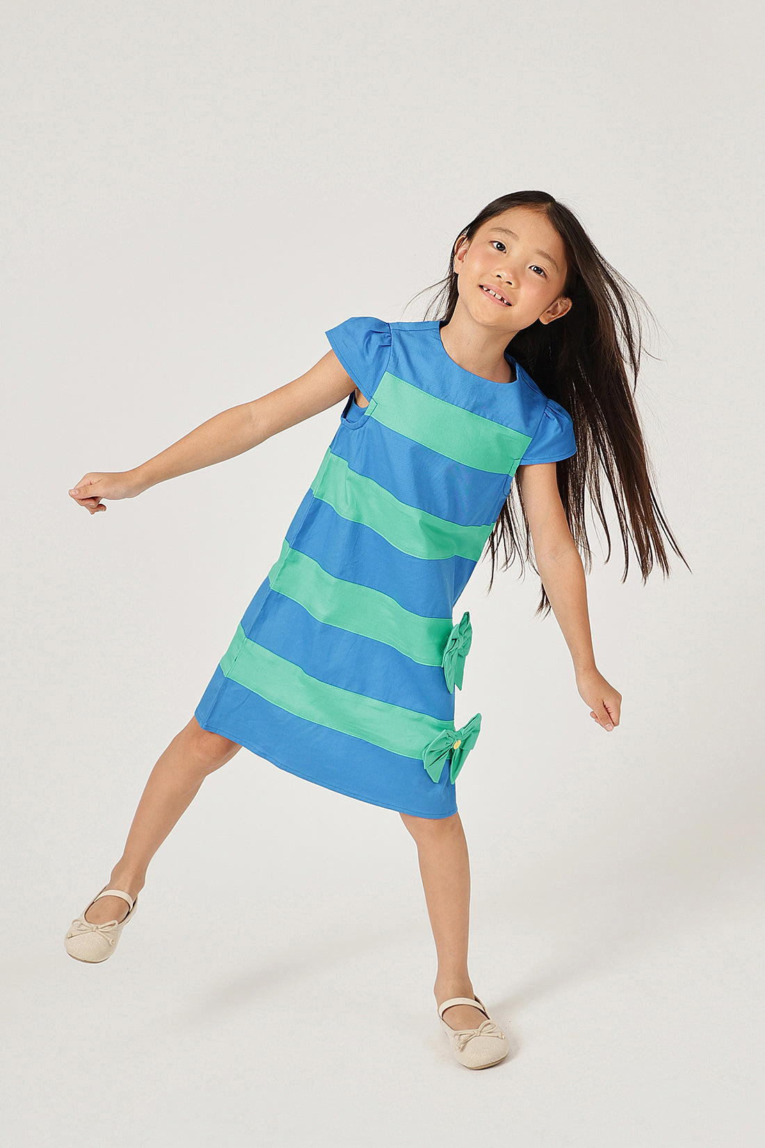 One Friday Girl’s Blue Striped Woven Dress – Round Neck, Easy Wash