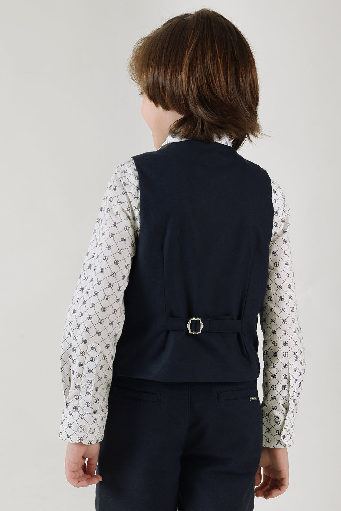 Boys Navy Blue Slim Fit Sleeveless Solid Waistcoat by One Friday