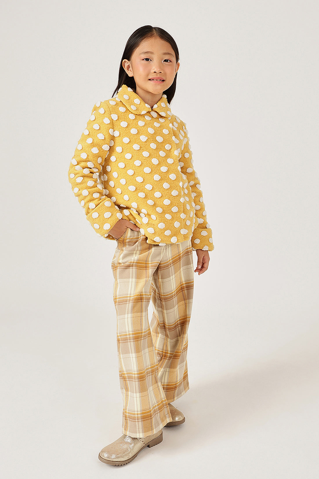 Girls Mustard Polka Dot Buttoned Overcoat