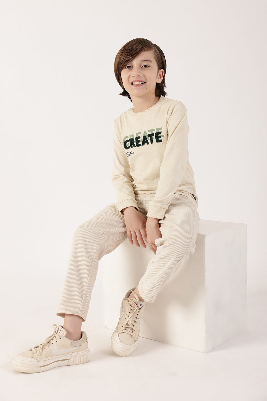 Boys Off White Round Neck Cotton T-Shirt