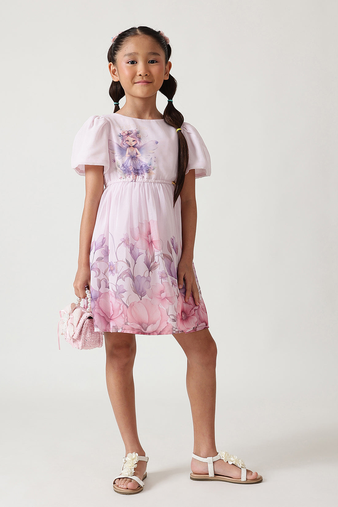 Girls Lilac Fitted & Flared Bell Sleeve Fairy Print Dress by One Friday