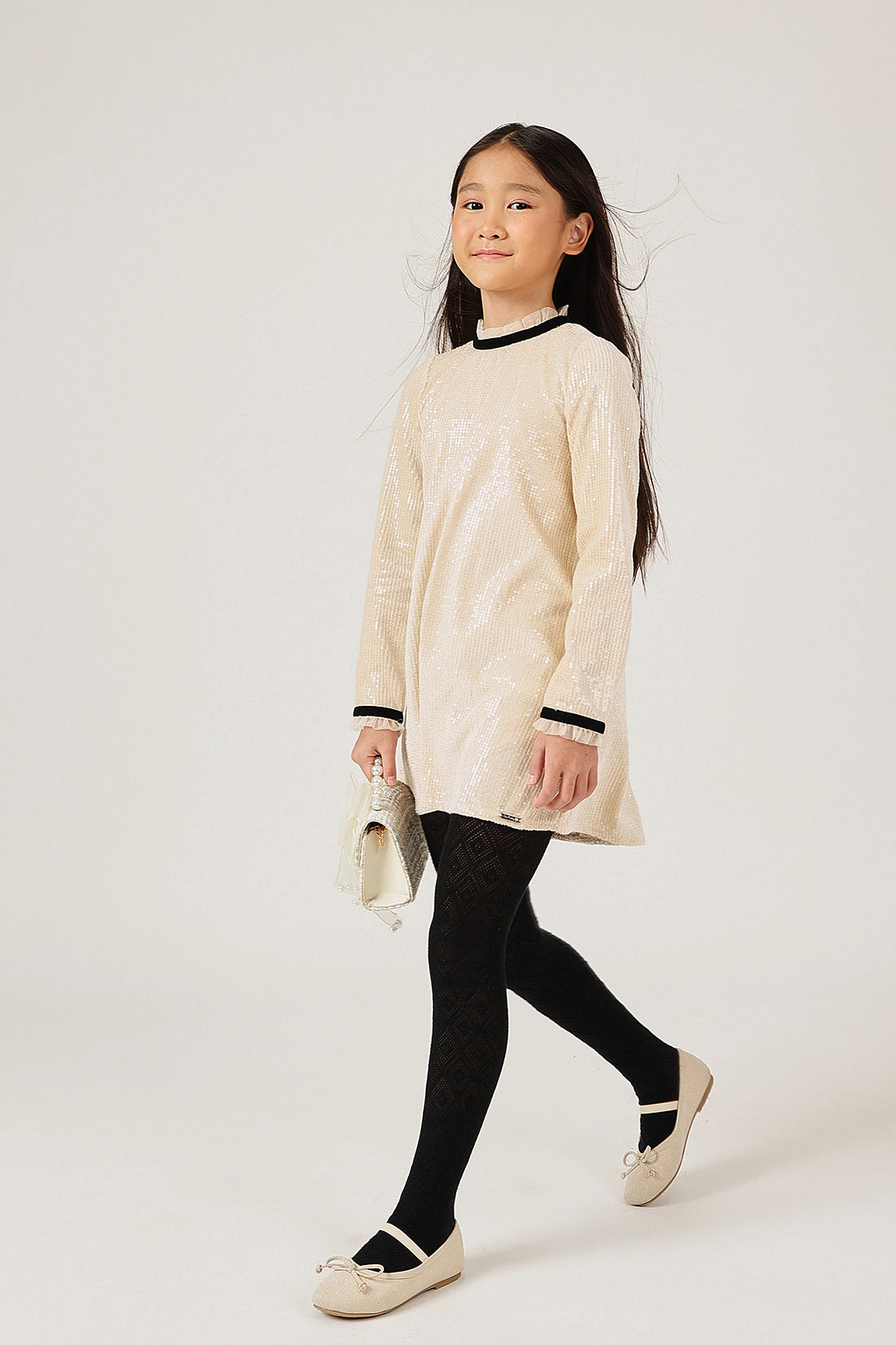 Girls Beige Sequin Full Sleeve Woven Dress | One Friday