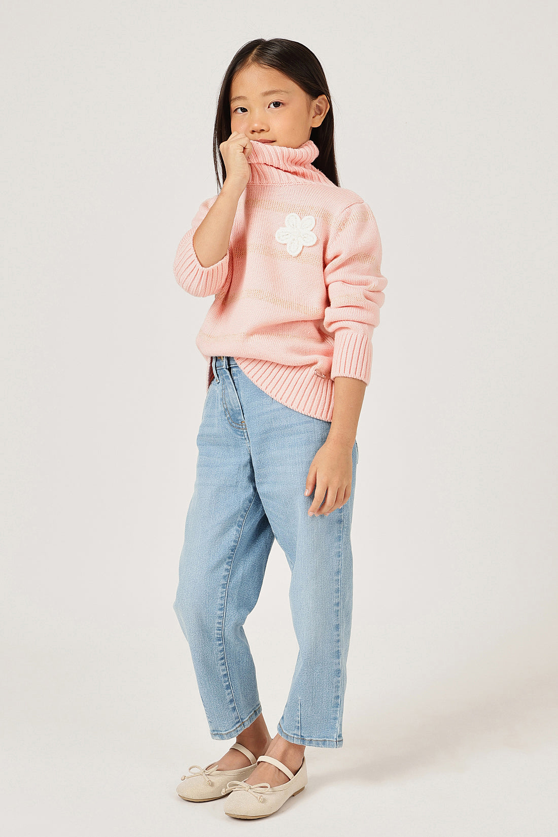 Girls Pink High Neck Knit Sweater