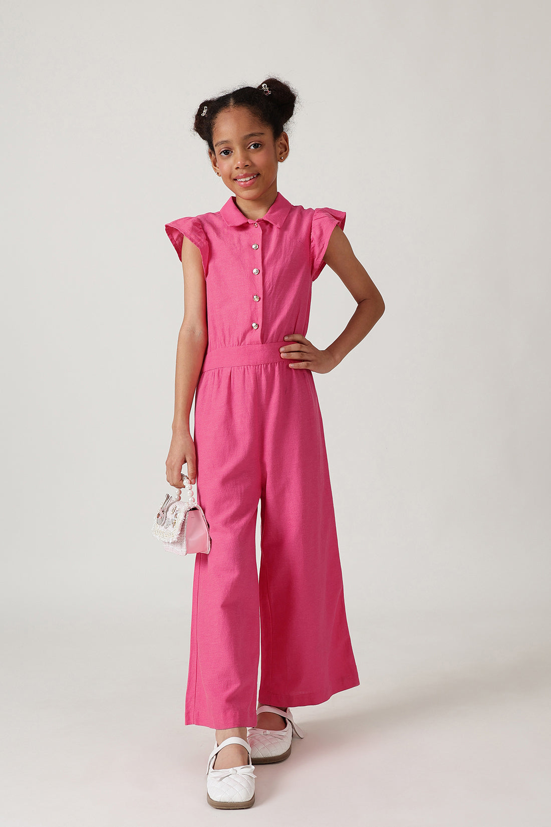 Girls Pink Regular Fit Frill Sleeve Solid Jumpsuit by One Friday