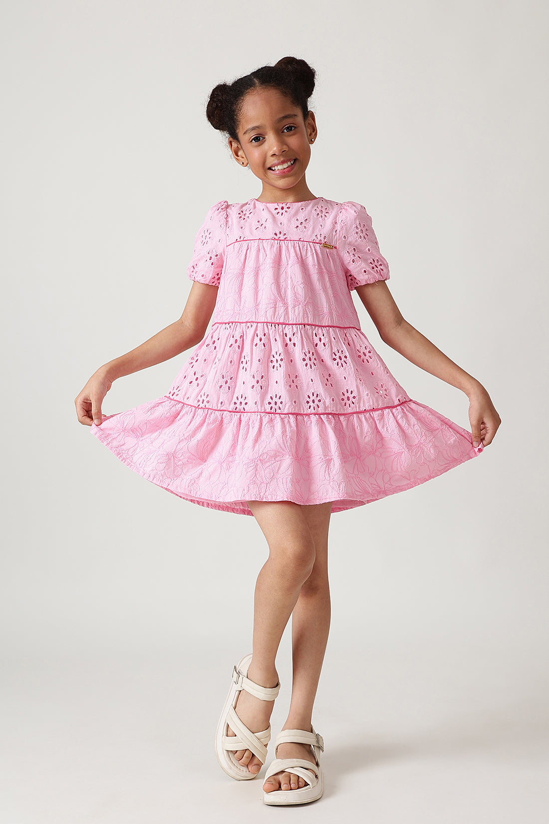 Girls Pink A-Line Short Sleeve Solid Dress By One Friday