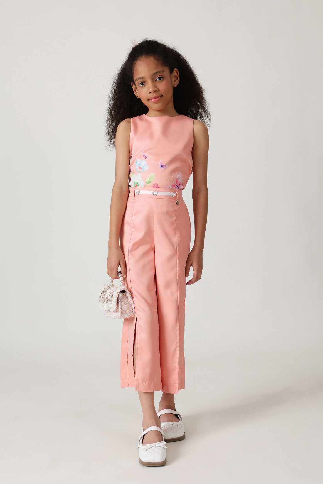 Girls Peach A-Line Sleeveless Printed Top by One Friday