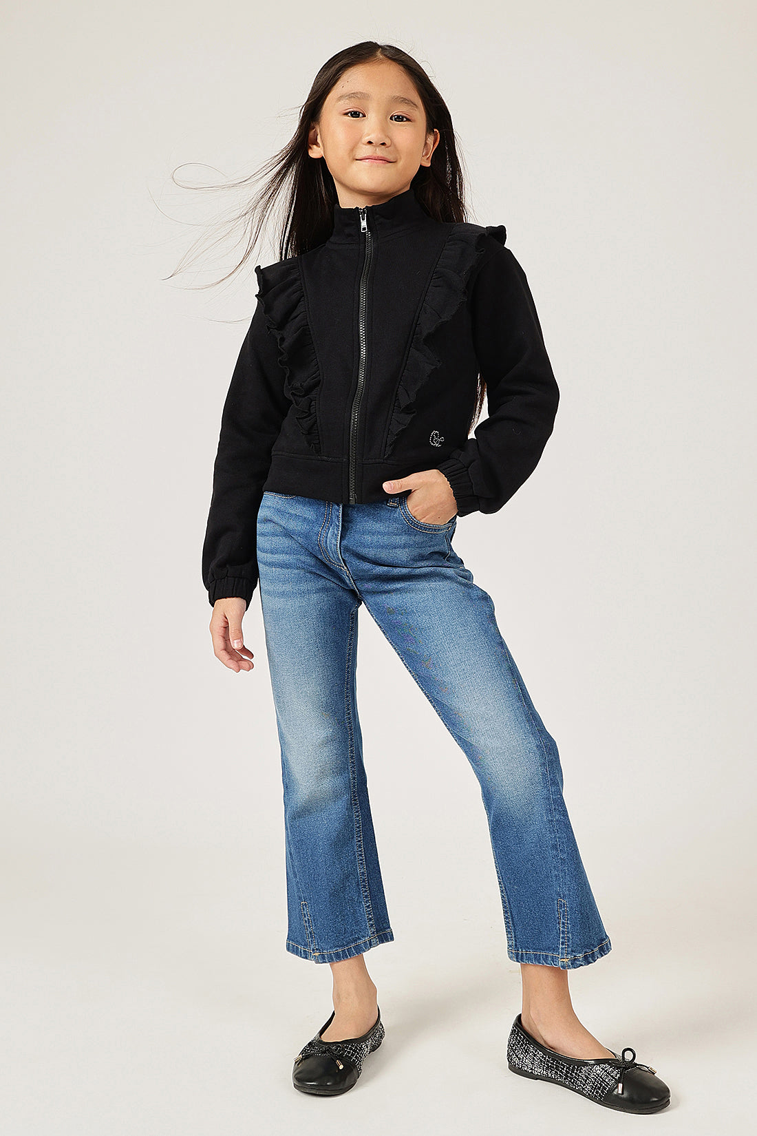 Girls Black Zip Turtle Neck Sweatshirt